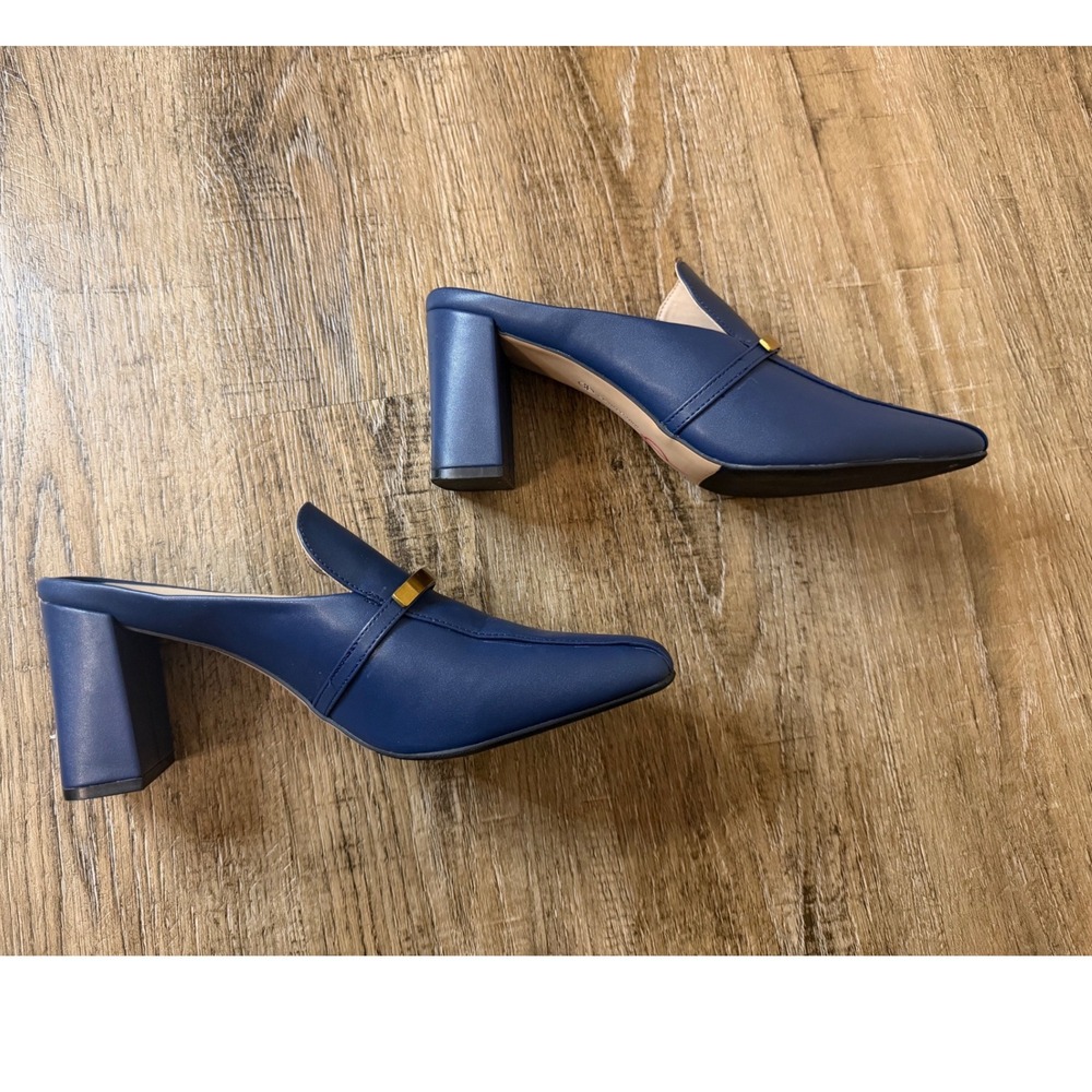 Giani Bernini Danyellp Navy Blue Pointed Toe Block Heel Mules Gold Detail 10M